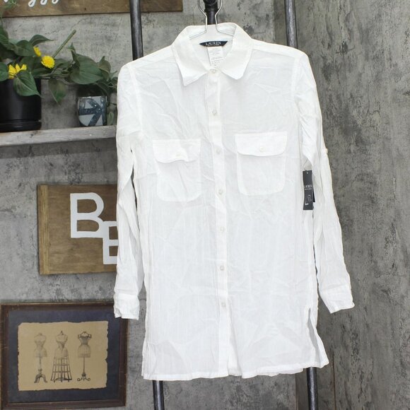 NWT Lauren Ralph Lauren Crushed Cotton Camp Shirt Cover Up 20113076 White XS - Picture 4 of 7